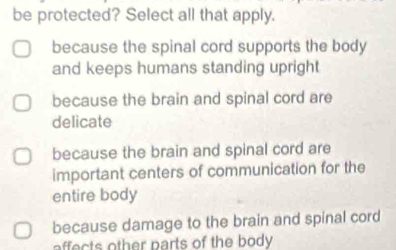 be protected? Select all that apply.
because the spinal cord supports the body
and keeps humans standing upright
because the brain and spinal cord are
delicate
because the brain and spinal cord are
important centers of communication for the
entire body
because damage to the brain and spinal cord
affects other parts of the body