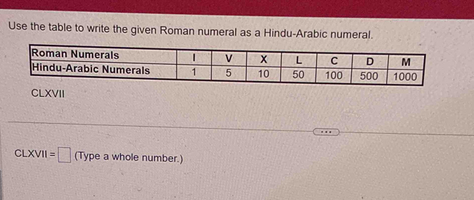 Use the table to write the given Roman numeral as a Hindu-Arabic numeral. 
CLXVII 
CLX) VI =□ (Type a whole number.)