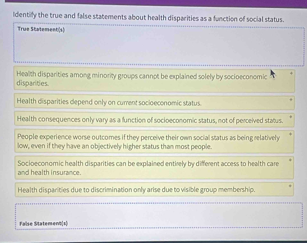 Identify the true and false statements about health disparities as a function of social status.
True Statement(s)
Health disparities among minority groups cannot be explained solely by socioeconomic +
disparities.
Health disparities depend only on current socioeconomic status.
Health consequences only vary as a function of socioeconomic status, not of perceived status.
People experience worse outcomes if they perceive their own social status as being relatively
low, even if they have an objectively higher status than most people.
Socioeconomic health disparities can be explained entirely by different access to health care
and health insurance.
Health disparities due to discrimination only arise due to visible group membership.
False Statement(s)