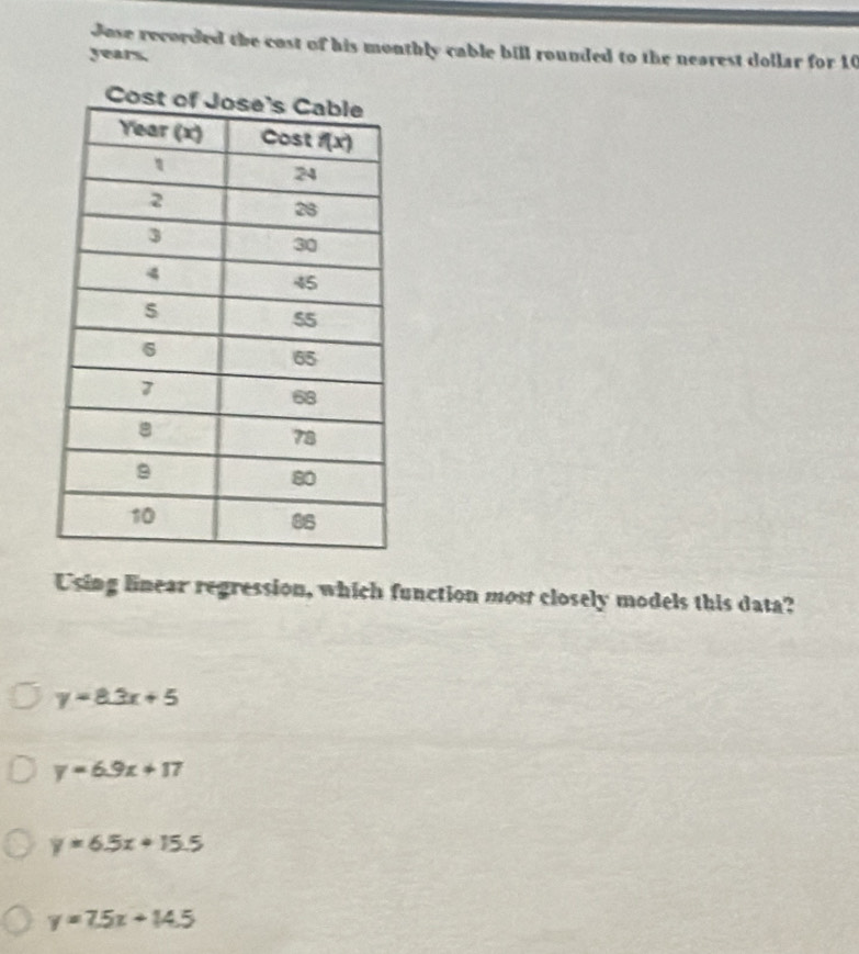 Jose recorded the cost of his monthly cable bill rounded to the nearest dollar for 10
years.
Using linear regression, which function most closely models this data?
y=8.3x+5
y=6.9x+17
y=6.5x+15.5
y=7.5x+14.5