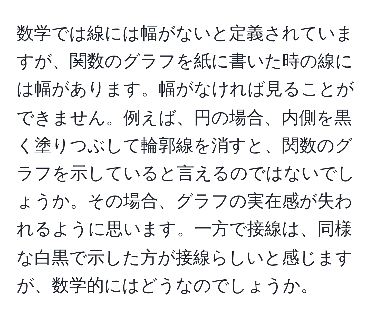 数学では線には幅がないと定義されていますが、関数のグラフを紙に書いた時の線には幅があります。幅がなければ見ることができません。例えば、円の場合、内側を黒く塗りつぶして輪郭線を消すと、関数のグラフを示していると言えるのではないでしょうか。その場合、グラフの実在感が失われるように思います。一方で接線は、同様な白黒で示した方が接線らしいと感じますが、数学的にはどうなのでしょうか。