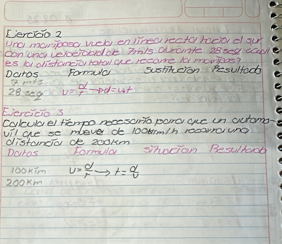 Eercico2 
Una maribosa vela en linea recta hocia e sur 
con unavelocidadce tmis durante 28 sed iceul 
es la distancio total ae recoe 1a maipos? 
Daros Formula 
sustitcion Besulted 
7rts
28 sq
v= c/t to d=v_0t
Eercicio 3 
Calculael terpo necesurio para aue un automa 
vil ae se meve de 100um/h recorraung 
distanca de 200km
Daros Formula sitecion Besultaob 
lo0kīm v= d/t to t= d/v 
200Km