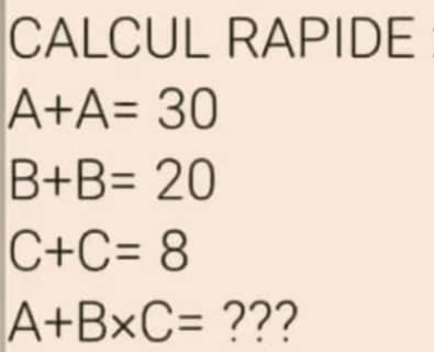 CALCUL RAPIDE
A+A=30
B+B=20
C+C=8
A+B* C= ???