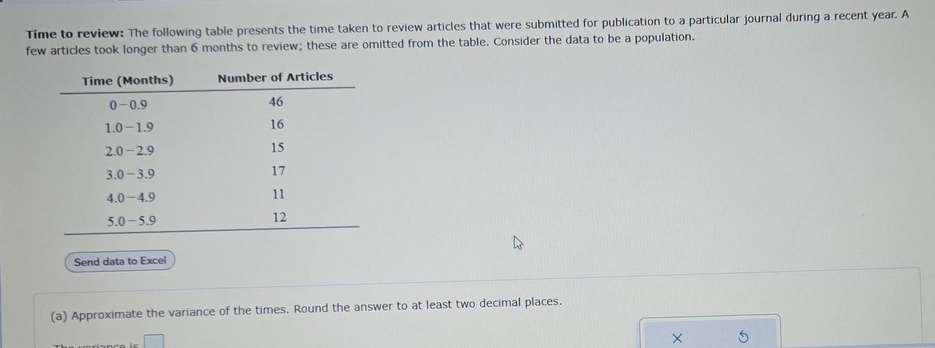 Time to review: The following table presents the time taken to review articles that were submitted for publication to a particular journal during a recent year. A 
few articles took longer than 6 months to review; these are omitted from the table. Consider the data to be a population. 
Send data to Excel 
(a) Approximate the variance of the times. Round the answer to at least two decimal places. 
× 5