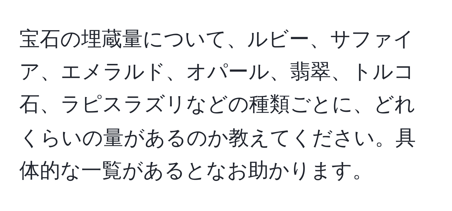 宝石の埋蔵量について、ルビー、サファイア、エメラルド、オパール、翡翠、トルコ石、ラピスラズリなどの種類ごとに、どれくらいの量があるのか教えてください。具体的な一覧があるとなお助かります。