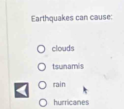 Earthquakes can cause;
clouds
tsunamis
rain
hurricanes