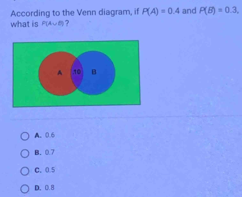 According to the Venn diagram, if P(A)=0.4 and P(B)=0.3, 
what is P(A∪ B) ?
A. 0.6
B. 0.7
C. 0.5
D. 0.8