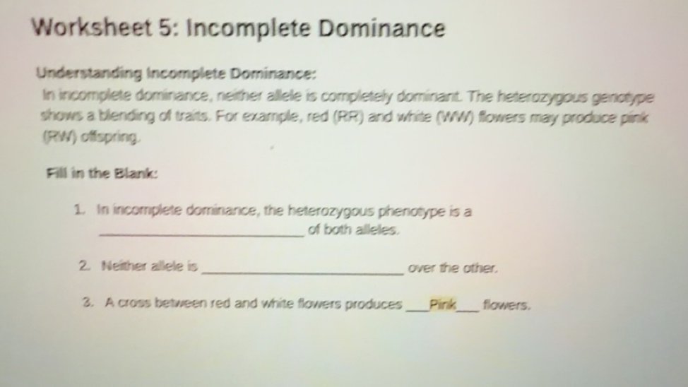 Solved: Worksheet 5: Incomplete Dominance Understanding Incomplete ...