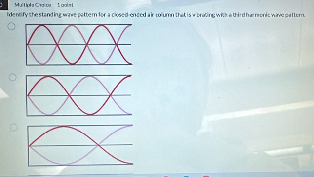 Identify the standing wave pattern for a closed-ended air column that is vibrating with a third harmonic wave pattern.