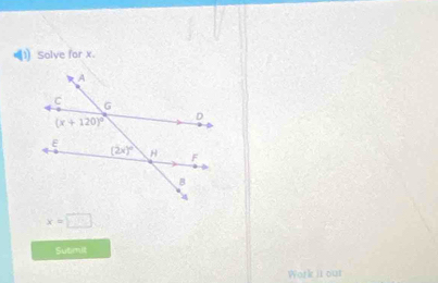 (1 Solve for x.
x=□
Sutimit
Work i out