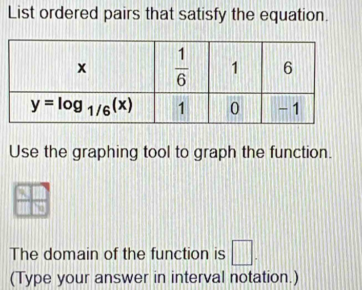 List ordered pairs that satisfy the equation.
Use the graphing tool to graph the function.
The domain of the function is □ .
(Type your answer in interval notation.)