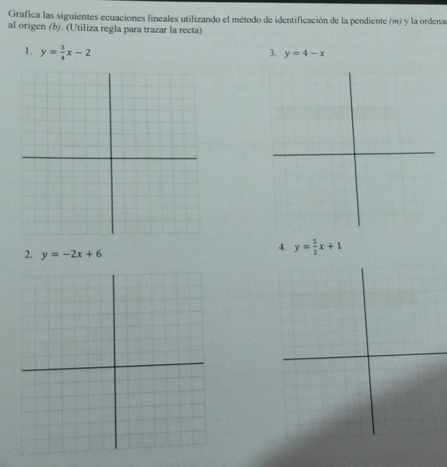 Grafica las siguientes ecuaciones lineales utilizando el método de identificación de la pendiente (m) y la ordenad 
al origen (b). (Utiliza regla para trazar la recta) 
1. y= 3/4 x-2
3. y=4-x
2. y=-2x+6
4. y= 5/2 x+1