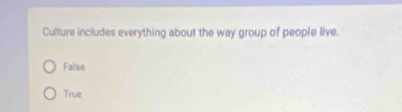 Culture includes everything about the way group of people live.
False
True