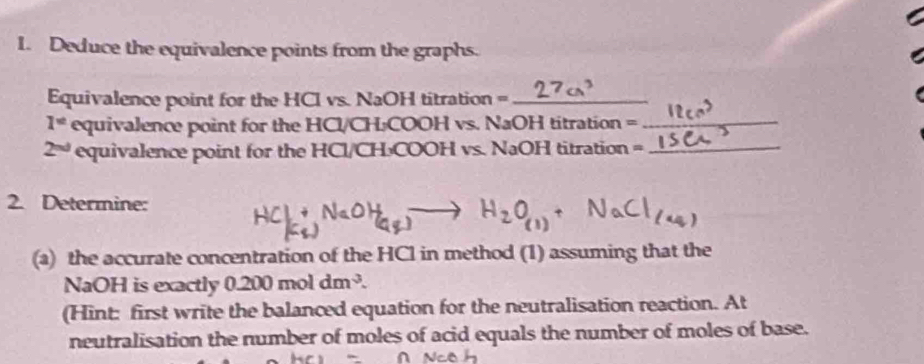 Deduce the equivalence points from the graphs. 
Equivalence point for the HCl vs. NaOH titration =_
1° equivalence point for the HCl/CH:COOH vs. NaOH titration =_
2^(nd) equivalence point for the HCl/ CH₃COOH vs. NaOH titration = _ 
2. Determine: 
+ 
(a) the accurate concentration of the HCl in method (1) assuming that the 
NaOH is exactly 0.200moldm^3. 
(Hint: first write the balanced equation for the neutralisation reaction. At 
neutralisation the number of moles of acid equals the number of moles of base.