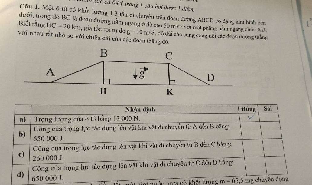 In Xuc cá 04 ý trong 1 cầu hỏi được 1 điểm.
Câu 1. Một ô tô có khối lượng 1, 3 tấn di chuyển trên đoạn đường ABCD có dạng như hình bên
dưới, trong đó BC là đoạn đường nằm ngang ở độ cao 50 m so với mặt phẳng nằm ngang chứa AD.
Biết rằng BC=20km , gia tốc rơi tự do g=10m/s^2 1, độ dài các cung cong nối các đoạn đường thẳng
với nhau rất nhỏ so với chiều dài của các đoạn thẳng đó.
B
C
A
g
D
H
K
le t nước mưa có khối lương m=65,5mg