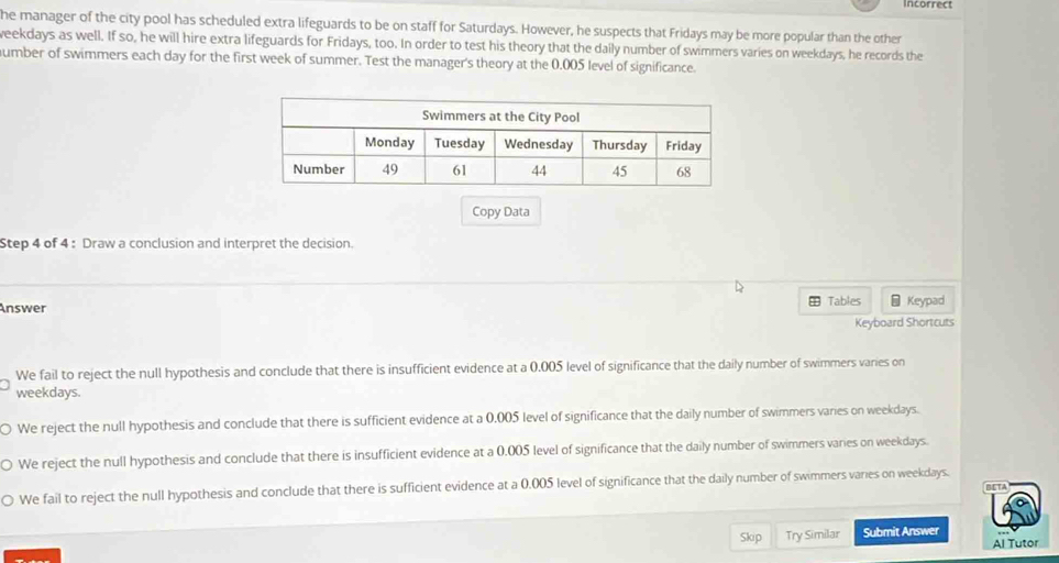 incorrect
he manager of the city pool has scheduled extra lifeguards to be on staff for Saturdays. However, he suspects that Fridays may be more popular than the other
weekdays as well. If so, he will hire extra lifeguards for Fridays, too. In order to test his theory that the daily number of swimmers varies on weekdays, he records the
umber of swimmers each day for the first week of summer. Test the manager's theory at the 0.005 level of significance.
Copy Data
Step 4 of 4: Draw a conclusion and interpret the decision.
Answer Tables Keypad
Keyboard Shortcuts
We fail to reject the null hypothesis and conclude that there is insufficient evidence at a 0.005 level of significance that the daily number of swimmers varies on
weekdays.
○ We reject the null hypothesis and conclude that there is sufficient evidence at a 0.005 level of significance that the daily number of swimmers varies on weekdays.
We reject the null hypothesis and conclude that there is insufficient evidence at a 0.005 level of significance that the daily number of swimmers varies on weekdays.
We fail to reject the null hypothesis and conclude that there is sufficient evidence at a 0.005 level of significance that the daily number of swimmers varies on weekdays. BETA
Skip Try Similar Submit Answer
Al Tutor
