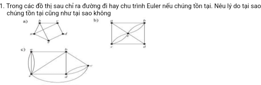 Trong các đồ thị sau chỉ ra đường đi hay chu trình Euler nếu chúng tồn tại. Nêu lý do tại sao 
chúng tồn tại cũng như tại sao không 
a)b) 
c)