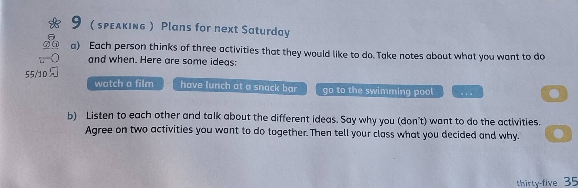 9 sρεдкιNg  Plans for next Saturday 
a) Each person thinks of three activities that they would like to do. Take notes about what you want to do 
and when. Here are some ideas: 
55/10 
watch a film have lunch at a snack bar go to the swimming pool … 
b) Listen to each other and talk about the different ideas. Say why you (don’t) want to do the activities. 
Agree on two activities you want to do together. Then tell your class what you decided and why. 
thirty-five 35