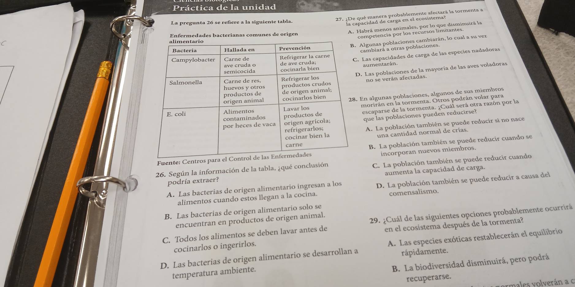 Práctica de la unidad
27. ¿De qué manera probablemente afectará la tormenta a
La pregunta 26 se refiere a la siguiente tabla.
la capacidad de carga en el ecosistema?
A. Habrá menos animales, por lo que disminuirá la
competencia por los recursos limitantes.
Enfermedades bacterianas comunes de origen
C
Algunas poblaciones cambiarán, lo cual a su vez
cambiará a otras poblaciones.
Las capacidades de carga de las especies nadadoras
aumentarán.. Las poblaciones de la mayoría de las aves voladoras
no se verán afectadas.
En algunas poblaciones, algunos de sus miembros
morirán en la tormenta. Otros podrán volar para
escaparse de la tormenta. ¿Cuál será otra razón por la
que las poblaciones pueden reducirse?
A. La población también se puede reducir si no nace
una cantidad normal de crías.
Fuente: Centros para B. La población también se puede reducir cuando se
incorporan nuevos miembros.
C. La población también se puede reducir cuando
26. Según la información de la tabla, ¿qué conclusión
aumenta la capacidad de carga.
D. La población también se puede reducir a causa del
podría extraer?
A. Las bacterias de origen alimentario ingresan a los
alimentos cuando estos llegan a la cocina.
comensalismo.
B. Las bacterias de origen alimentario solo se
29. ¿Cuál de las siguientes opciones probablemente ocurrirá
encuentran en productos de origen animal.
en el ecosistema después de la tormenta?
C. Todos los alimentos se deben lavar antes de
cocinarlos o ingerirlos.
A. Las especies exóticas restablecerán el equilibrio
D. Las bacterias de origen alimentario se desarrollan a
rápidamente.
temperatura ambiente.
B. La biodiversidad disminuirá, pero podrá
recuperarse.
males volverán a c