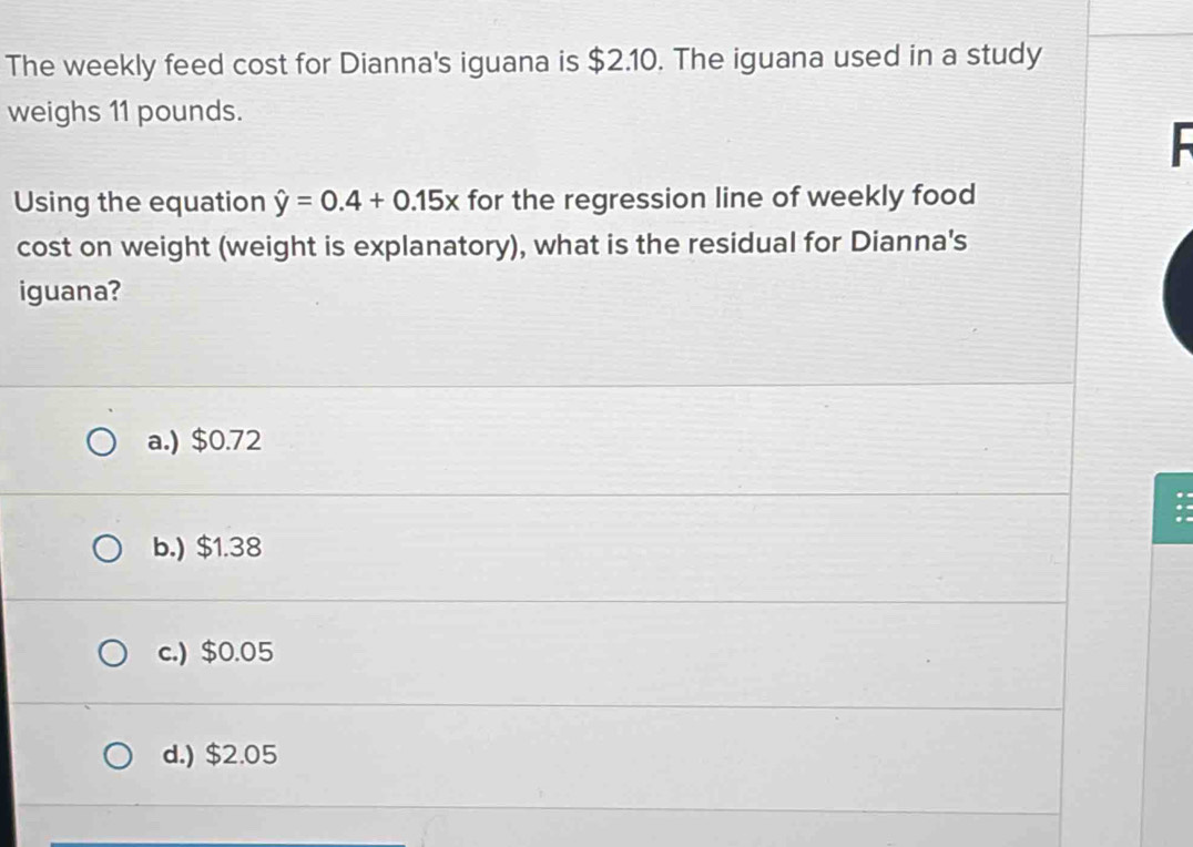 The weekly feed cost for Dianna's iguana is $2.10. The iguana used in a study
weighs 11 pounds.

Using the equation hat y=0.4+0.15x for the regression line of weekly food
cost on weight (weight is explanatory), what is the residual for Dianna's
iguana?
a.) $0.72
a
b.) $1.38
c.) $0.05
d.) $2.05