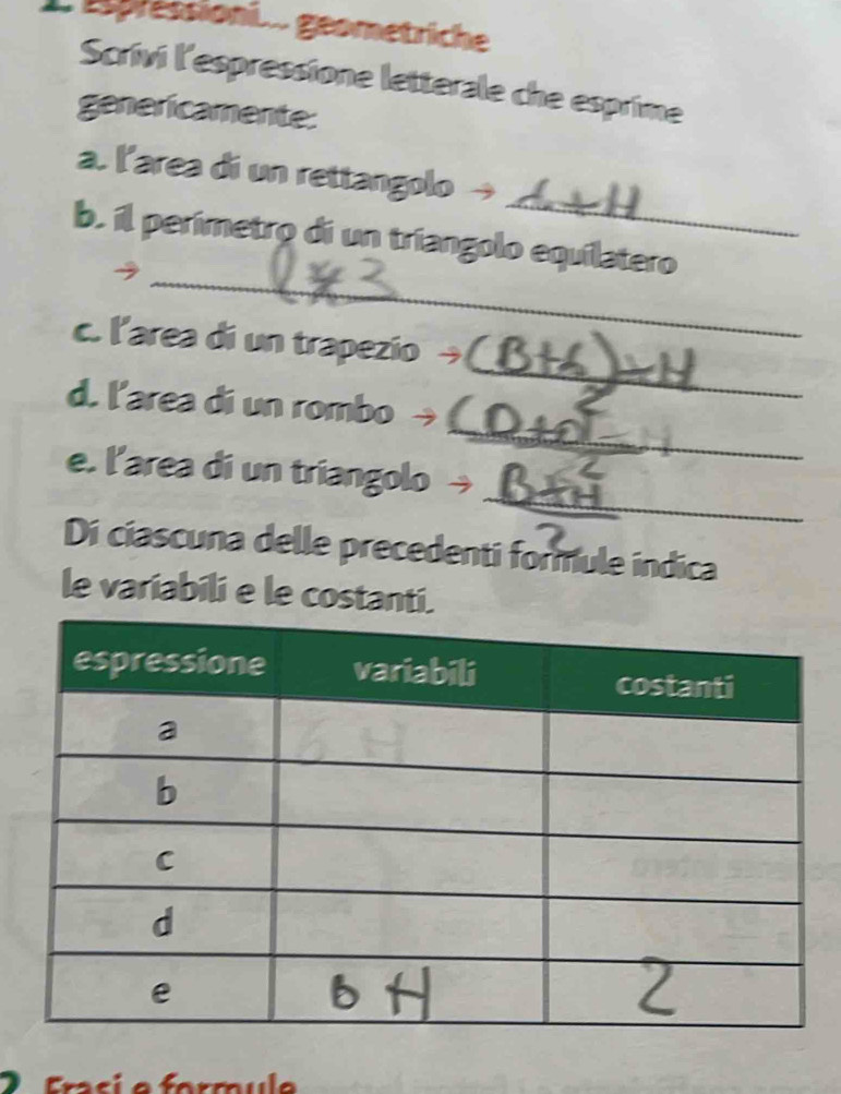 apressioni.... geometriche 
Scrivi l'espressione letterale che esprime 
genericamente: 
_ 
a. l'area di un rettangolo → 
_ 
b. il perímetro di un triangolo equilatero 
c. l'area di un trapezio → 
_ 
d. l'area di un rombo → 
_ 
_ 
e. l’area di un triangolo → 
Di ciascuna delle precedenti formule indica 
le variabili e le costanti. 
Fra s í e formul