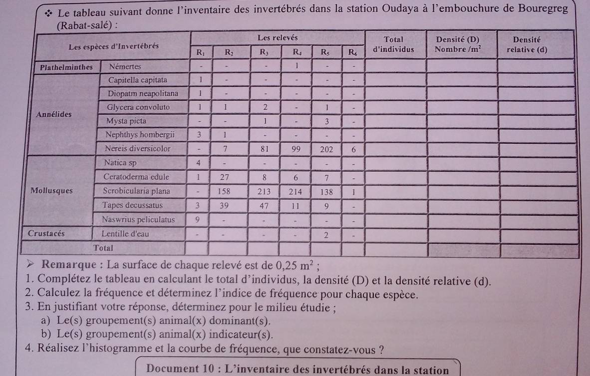 Le tableau suivant donne l'inventaire des invertébrés dans la station Oudaya à l'embouchure de Bouregreg
:
1. Complétez le tableau en calculant le total d’individus, la densité (D) et la densité relative (d).
2. Calculez la fréquence et déterminez l'indice de fréquence pour chaque espèce.
3. En justifiant votre réponse, déterminez pour le milieu étudie ;
a) Le(s) groupement(s) animal(x) dominant(s).
b) Le(s) groupement(s) animal(x) indicateur(s).
4. Réalisez l'histogramme et la courbe de fréquence, que constatez-vous ?
Document 10 : L'inventaire des invertébrés dans la station