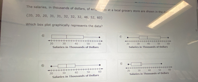 The salaries, in thousands of dollars, of employces at a local grocery store are shown in the do
 20,20,20,31,31,32,32,32,46,52,60
Which box plot graphically represents the data? 


@