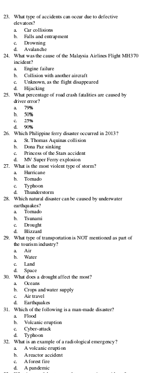 What type of accidents can occur due to defective
elevators?
a. Car collisions
b. Falls and entrapment
c. Drowning
d. Avalanche
24. What was the cause of the Malaysia Airlines Flight MH370
incident?
a. Engine failure
b. Collision with another aircraft
c. Unknown, as the flight disappeared
d. Hijacking
25. What percentage of road crash fatalities are caused by
driver error?
a. 79%
b. 50%
C. 25%
d. 90%
26. Which Philippine ferry disaster occurred in 2013?
a. St. Thomas Aquinas collision
b, Dona Paz sinking
c. Princess of the Stars accident
d. MV Super Ferry explosion
27. What is the most violent type of storm?
a. Hurricane
b. Tomado
c. Ty pho on
d. Thunderstorm
28. Which natural disaster can be caused by underwater
earthquakes?
a. Tomado
b. Tsunami
c. Drought
d. Blizzard
29. What type of transportation is NOT mentioned as part of
the to uris m industry?
a. Air
b. Water
c. Land
d. Space
30, What does a drought affect the most?
a. Oceans
b. Crops and water supply
c. Air travel
d. Earthquakes
31. Which of the following is a man-made disaster?
a. Flood
b. Volcanic cruption
c. Cyber-attack
d, Typho on
32. Whatis an example of a radiological emergency?
a. A volcanic eruption
b. A reactor accident
c. A forest fire
d. A pandemic