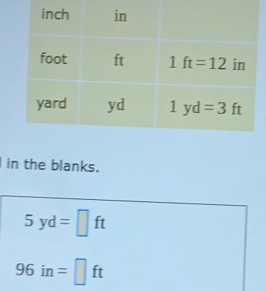 in the blanks.
5yd=□ ft
96in=□ ft