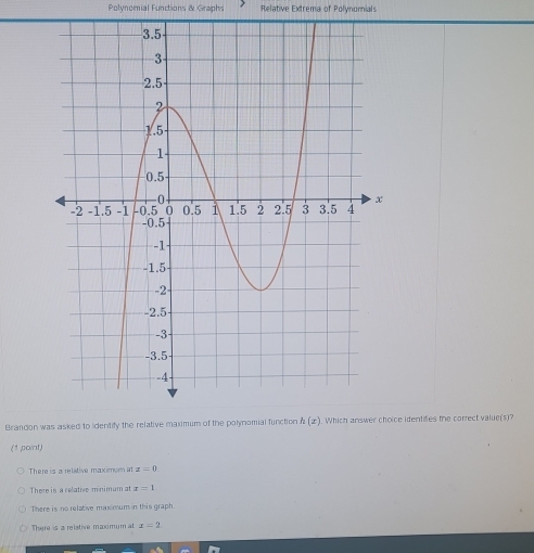 Polynomial Functions & Graphs Relative Extrema of Polynomials
Brandon was asked to identify the relative maximum of the polynomial function ice identifies the correct value(s)?
(1 point)
There is a relative maximum at x-0
There is a relative minimum at x=1
There is no relative maximum in this graph.
There is a relstive maximum at x=2.