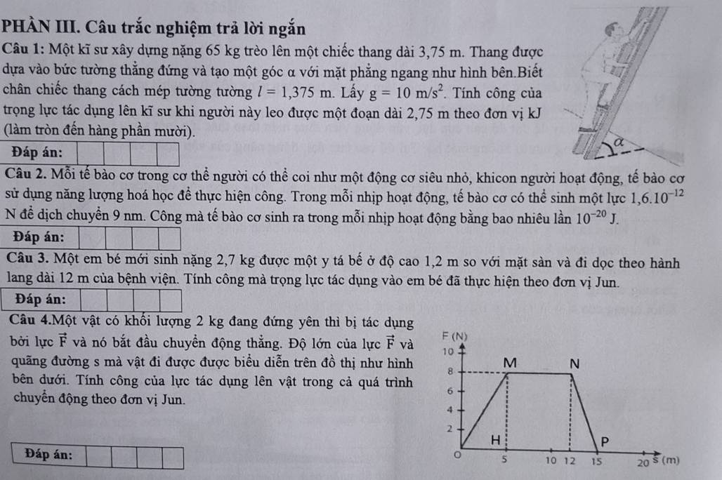 PHÀN III. Câu trắc nghiệm trả lời ngắn
Câu 1: Một kĩ sư xây dựng nặng 65 kg trèo lên một chiếc thang dài 3,75 m. Thang được
dựa vào bức tường thắng đứng và tạo một góc α với mặt phẳng ngang như hình bên.Biết
chân chiếc thang cách mép tường tường l=1,375m Lấy g=10m/s^2.  Tính công của
trọng lực tác dụng lên kĩ sư khi người này leo được một đoạn dài 2,75 m theo đơn vị kJ
(làm tròn đến hàng phần mười).
à
Đáp án:
Câu 2. Mỗi tế bào cơ trong cơ thể người có thể coi như một động cơ siêu nhỏ, khicon người hoạt động, tế bào cơ
sử dụng năng lượng hoá học để thực hiện công. Trong mỗi nhịp hoạt động, tế bào cơ có thể sinh một lực 1,6.10^(-12)
N để dịch chuyển 9 nm. Công mà tế bào cơ sinh ra trong mỗi nhịp hoạt động bằng bao nhiêu lần 10^(-20)J.
Đáp án:
Câu 3. Một em bé mới sinh nặng 2,7 kg được một y tá bế ở độ cao 1,2 m so với mặt sàn và đi dọc theo hành
lang dài 12 m của bệnh viện. Tính công mà trọng lực tác dụng vào em bé đã thực hiện theo đơn vị Jun.
Đáp án:
Câu 4.Một vật có khối lượng 2 kg đang đứng yên thì bị tác dụng
bởi lực vector F và nó bắt đầu chuyển động thẳng. Độ lớn của lực vector F và
quãng đường s mà vật đi được được biểu diễn trên đồ thị như hình
bên dưới. Tính công của lực tác dụng lên vật trong cả quá trình
chuyển động theo đơn vị Jun.
Đáp án: