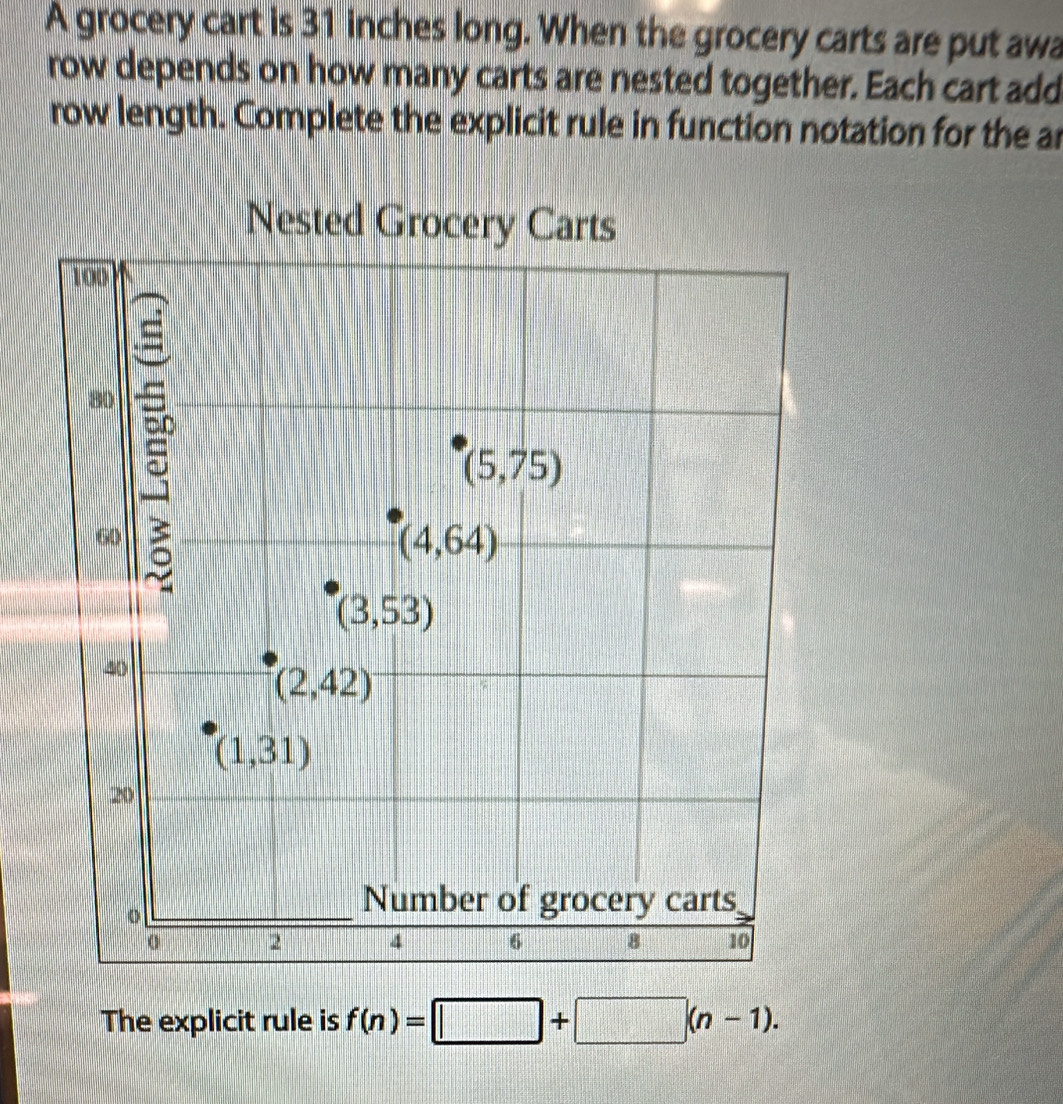 A grocery cart is 31 inches long. When the grocery carts are put awa
row depends on how many carts are nested together. Each cart add
row length. Complete the explicit rule in function notation for the ar
The explicit rule is f(n)=□ +□ (n-1).