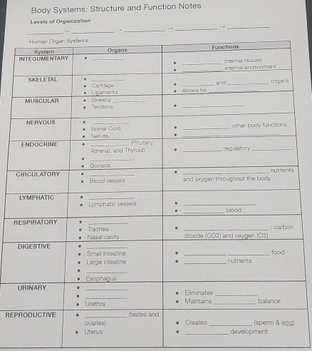 Body Systems: Structure and Function Notes 
Levels of Organization 
,_ → _→_ 
R 
REP