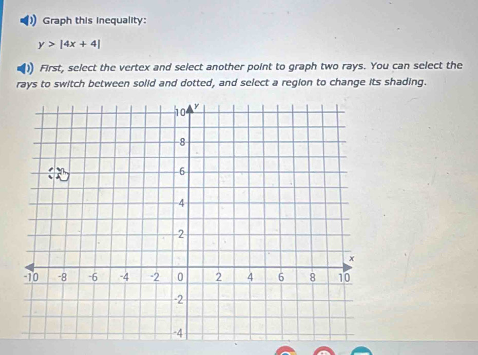 Graph this inequality:
y>|4x+4|
) First, select the vertex and select another point to graph two rays. You can select the 
rays to switch between solid and dotted, and select a region to change its shading.