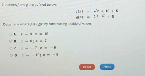 Functions f and g are defined below.
f(x)=sqrt(x+10)+6
g(x)=2^((x+10))+5
Determine where f(x)=g(x) by constructing a table of values.
A. x=9; x=10
B. x=6; x=7
C. x=-7; x=-6
D. x=-10; x=-9
Reset Next