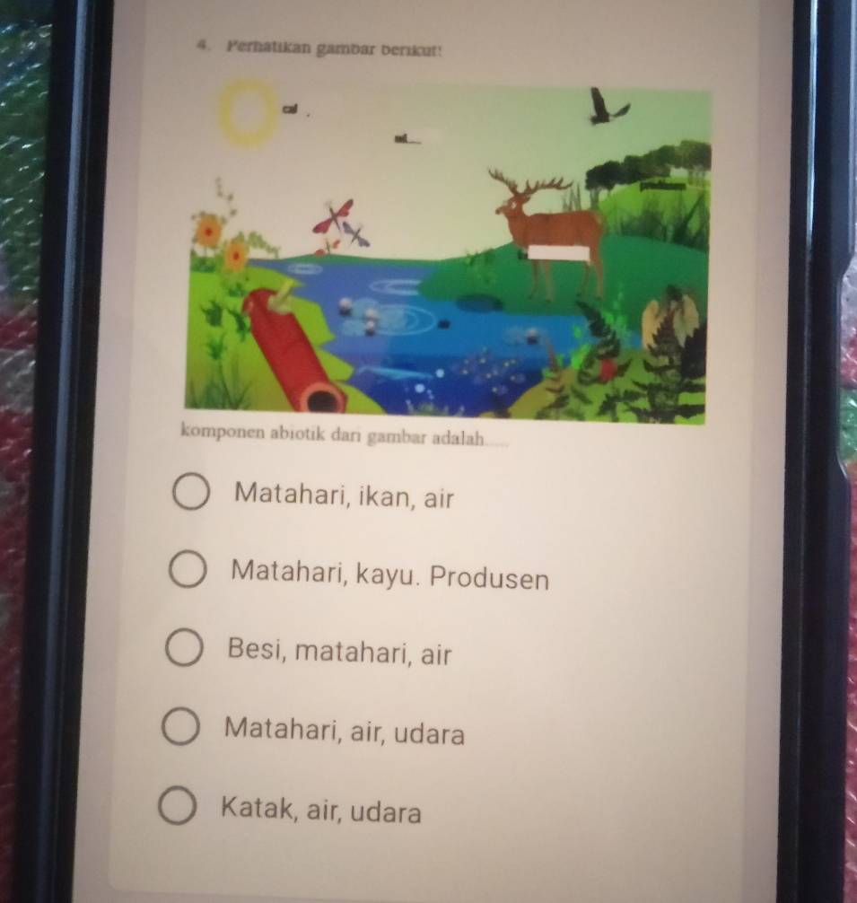 Perhatikan gambar berikut!
ri gambar adalah
Matahari, ikan, air
Matahari, kayu. Produsen
Besi, matahari, air
Matahari, air, udara
Katak, air, udara