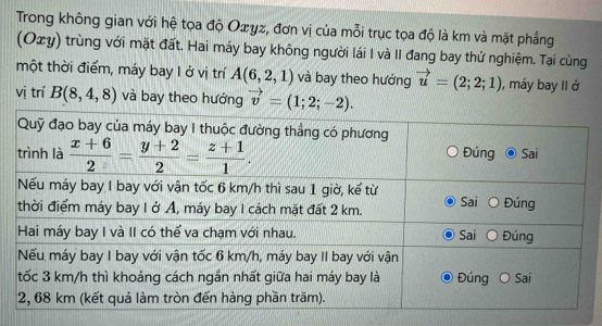 Trong không gian với hệ tọa độ Oæyz, đơn vị của mỗi trục tọa độ là km và mặt phầng
(Οτy) trùng với mặt đất. Hai máy bay không người lái I và II đang bay thứ nghiệm. Tại cùng
một thời điểm, máy bay I ở vị trí A(6,2,1) và bay theo hướng vector u=(2;2;1) , máy bay II ở
vị trí B(8,4,8) và bay theo hướng vector v=(1;2;-2).