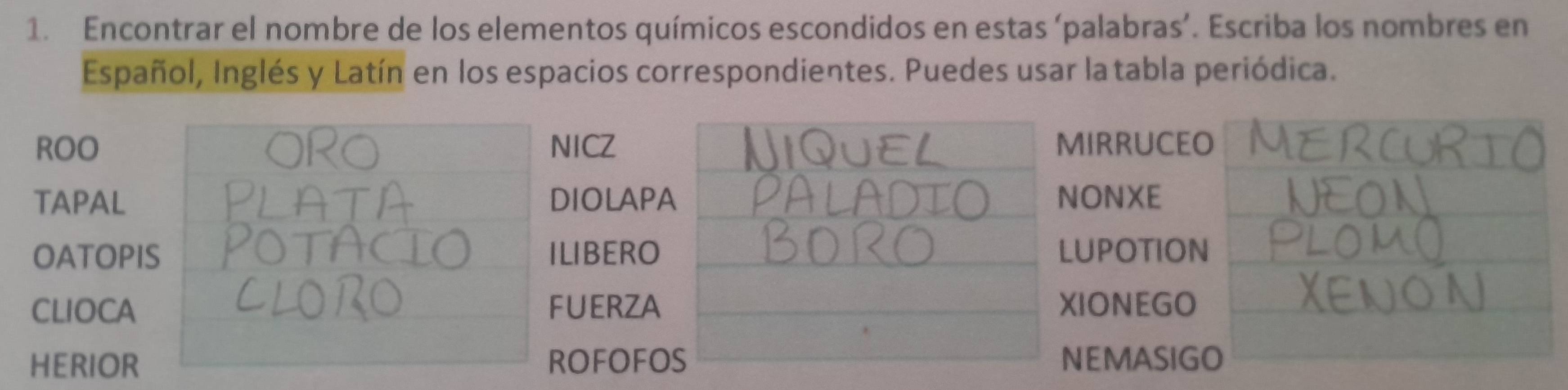 Encontrar el nombre de los elementos químicos escondidos en estas ‘palabras’. Escriba los nombres en 
Español, Inglés y Latín en los espacios correspondientes. Puedes usar latabla periódica. 
ROO NICZ MIRRUCEO 
TAPAL DIOLAPA NONXE 
OATOPIS ILIBERO LUPOTION 
CLIOCA FUERZA XIONEGO 
HERIOR ROFOFOS NEMASIGO