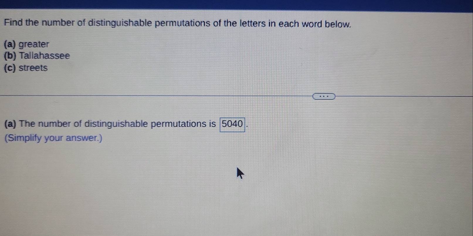 Solved: Find the number of distinguishable permutations of the letters ...
