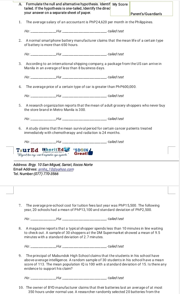 Solved: Formulate the null and alternative hypothesis. Identif My Score ...