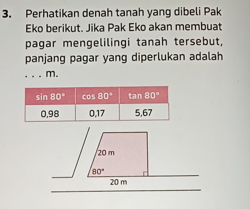 Perhatikan denah tanah yang dibeli Pak
Eko berikut. Jika Pak Eko akan membuat
pagar mengelilingi tanah tersebut,
panjang pagar yang diperlukan adalah
m.