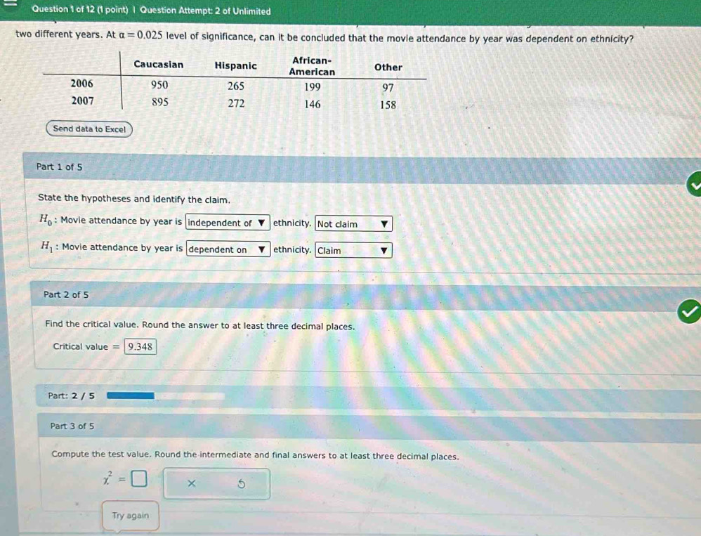 Question Attempt: 2 of Unlimited 
two different years. At alpha =0.025 level of significance, can it be concluded that the movie attendance by year was dependent on ethnicity? 
Send data to Excel 
Part 1 of 5 
State the hypotheses and identify the claim.
H_0 : Movie attendance by year is independent of ethnicity. Not claim
H_1 : Movie attendance by year is dependent on ethnicity. Claim 
Part 2 of 5 
Find the critical value. Round the answer to at least three decimal places. 
Critical value = 9.348
Part: 2 / 5 
Part 3 of 5 
Compute the test value. Round the intermediate and final answers to at least three decimal places,
x^2=□ × 5 
Try again