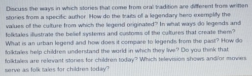 Discuss the ways in which stories that come from oral tradition are different from written 
stories from a specific author. How do the traits of a legendary hero exemplify the 
values of the culture from which the legend originated? In what ways do legends and 
folktales illustrate the belief systems and customs of the cultures that create them? 
What is an urban legend and how does it compare to legends from the past? How do 
folktales help children understand the world in which they live? Do you think that 
folktales are relevant stories for children today? Which television shows and/or movies 
serve as folk tales for children today?