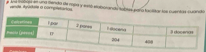 Ana trabaja en una tienda de ropa y está elaborando tablas para facilitar las cuentas cuando 
vende. Ayúdale a completarlas.