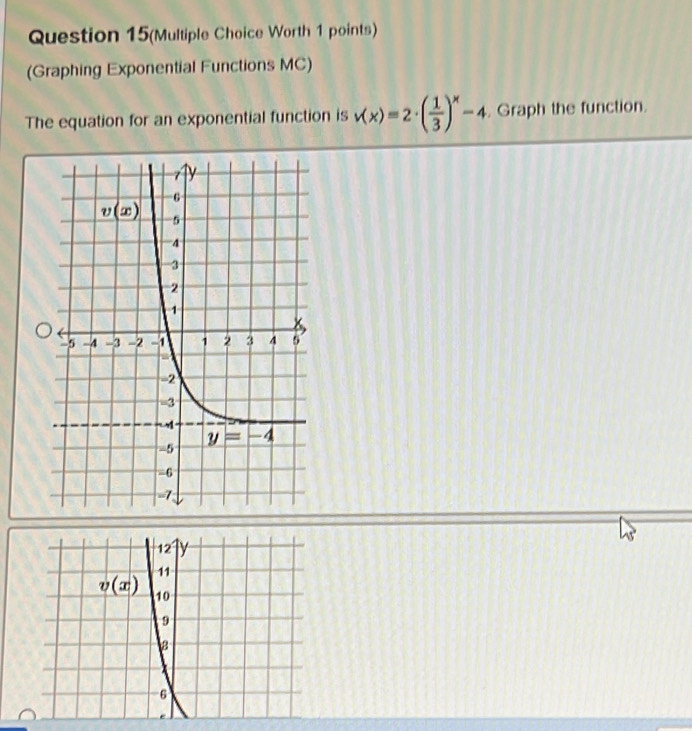 Question 15(Multiple Choice Worth 1 points)
(Graphing Exponential Functions MC)
The equation for an exponential function is v(x)=2· ( 1/3 )^x-4. Graph the function.
12 y
11
v(x) 10
9
x
6