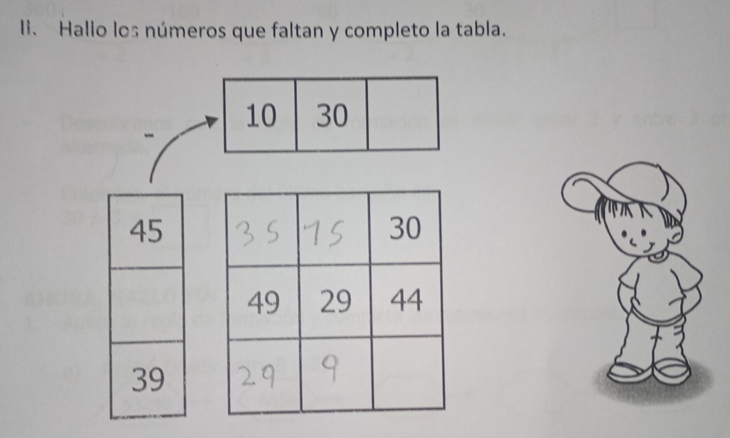 l、 Hallo los números que faltan y completo la tabla.
10 30
-
45
39