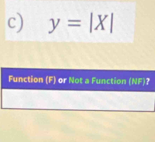 y=|X|
Function (F) or Not a Function (NF)?