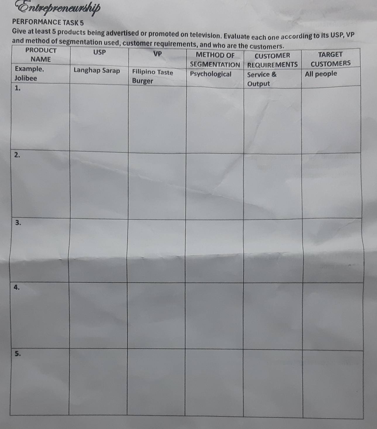 Entrepreneurship 
PERFORMANCE TASK 5 
Give at least 5 products being advertised or promoted on televiss USP, VP 
an 
E 
Jo 
1. 
2. 
3. 
4. 
5.