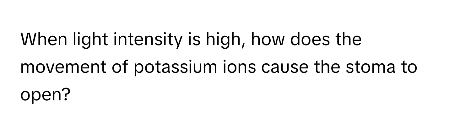 When light intensity is high, how does the movement of potassium ions cause the stoma to open?