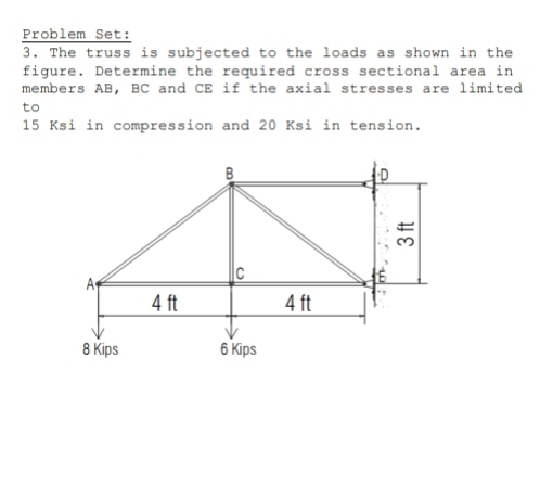 Problem Set: 
3. The truss is subjected to the loads as shown in the 
figure. Determine the required cross sectional area in 
members AB, BC and CE if the axial stresses are limited 
to
15 Ksi in compression and 20 Ksi in tension.